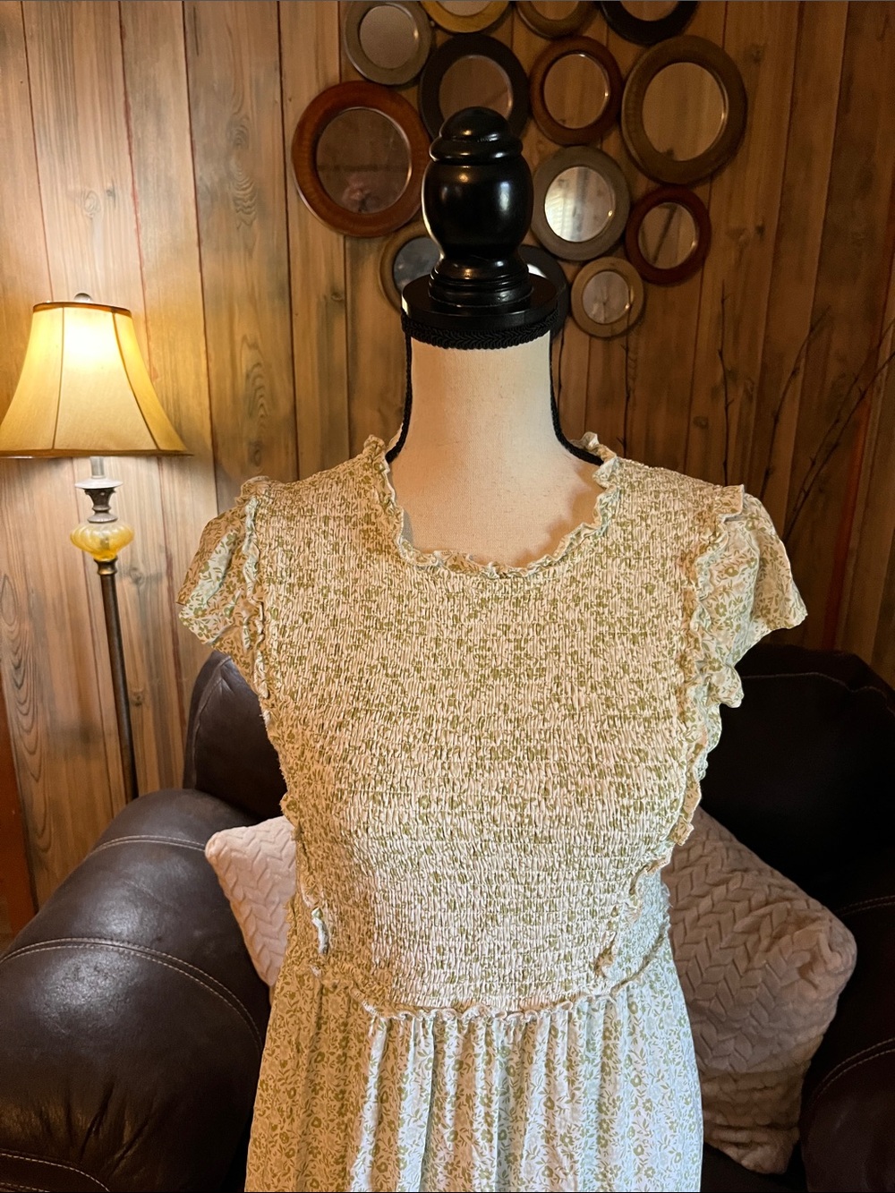In Bloom Light Sage Floral Smocked Lined Maxi Dress Cottagecore Prairie Ditsy - Picture 3 of 10